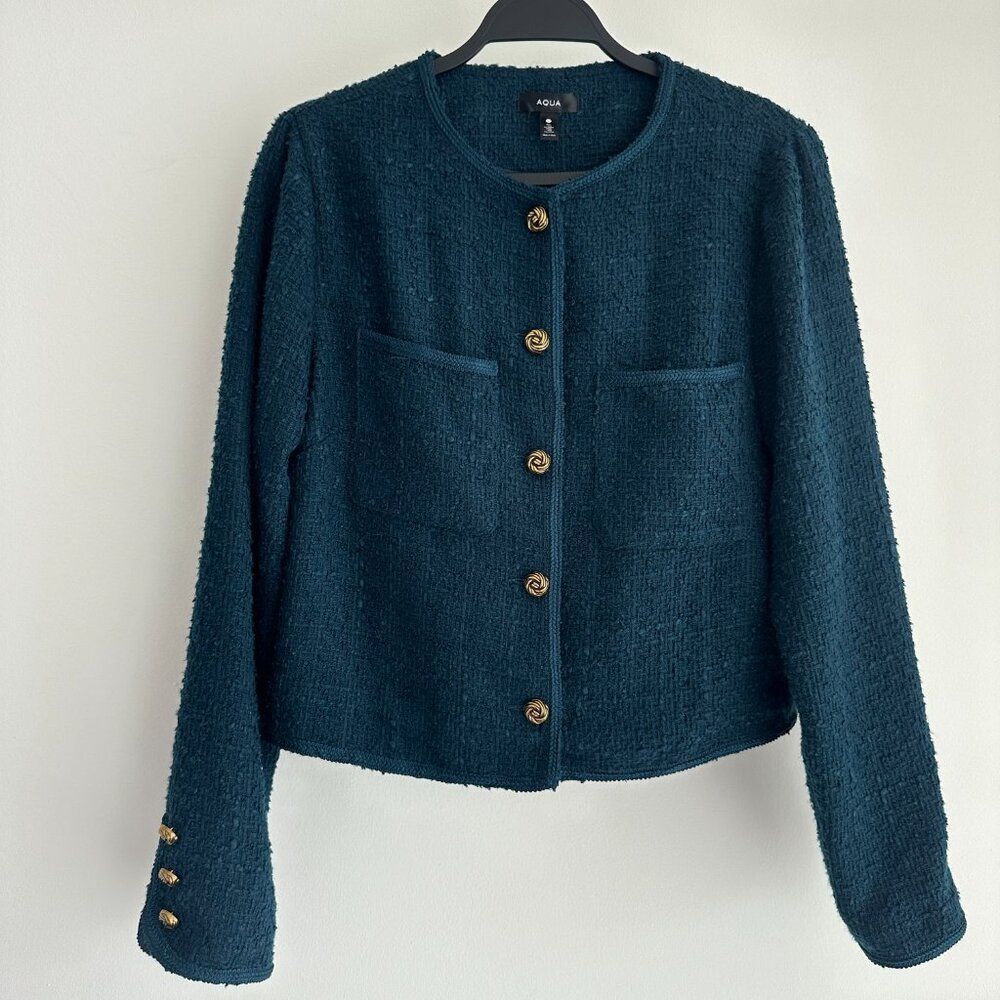 AQUA Teal Blue tweed jacket Womens Large